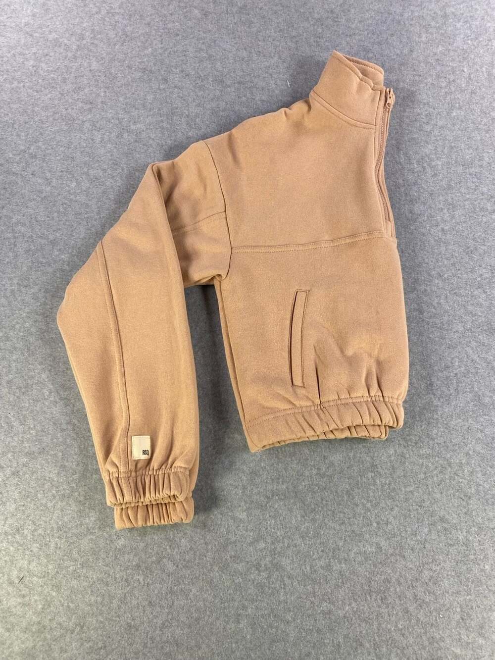 RSQ Women's Quarter-Zip Cropped Pullover Sweatshirt in Camel